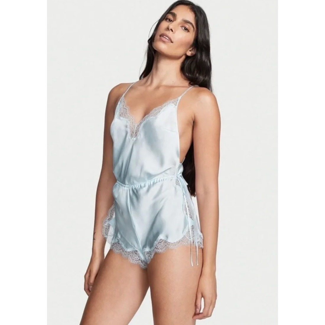 Victoria's Secret Ballad Blue Satin Side Tie Romper Light Blue Satin Lace Size L